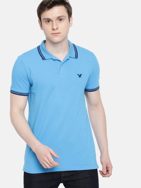 

AMERICAN EAGLE OUTFITTERS Blue Solid Polo Collar Slim Fit T-shirt