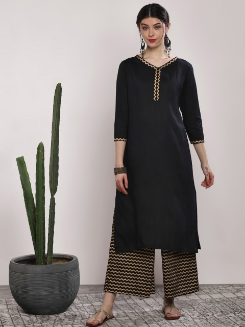 

Sangria Women Black & Golden Solid Kurta with Palazzos & Dupatta