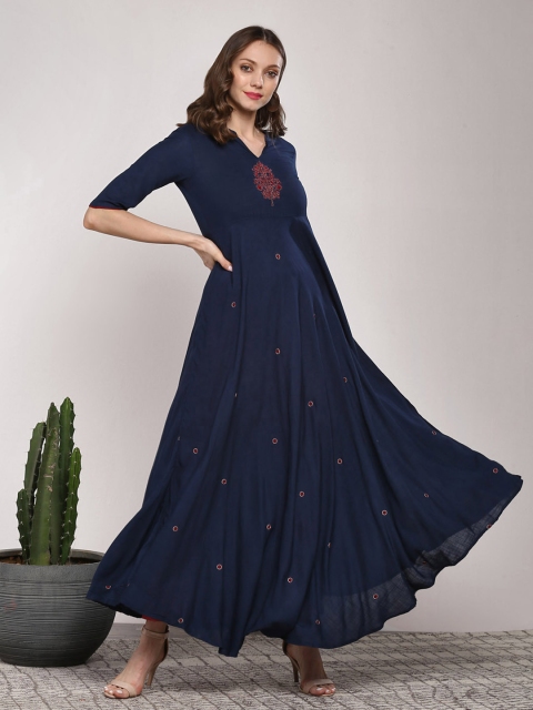 

Sangria Women Navy Embroidered Anarkali Kurta, Navy blue