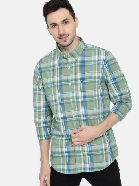 

AMERICAN EAGLE OUTFITTERS Men Green & Blue Slim Fit Checked Casual Shirt