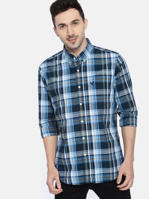 

AMERICAN EAGLE OUTFITTERS Men Navy Blue & White Slim Fit Checked Casual Shirt