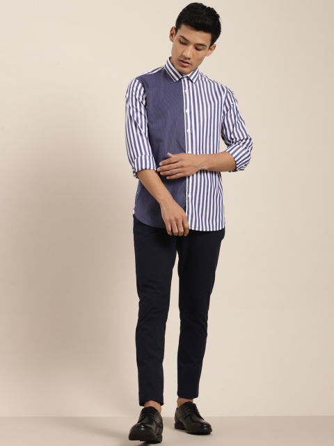 

Men Navy Blue & White Slim Fit Striped Casual Shirt