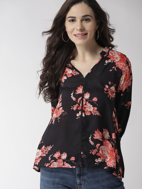 

Mast & Harbour Women Black & Coral Pink Printed Top