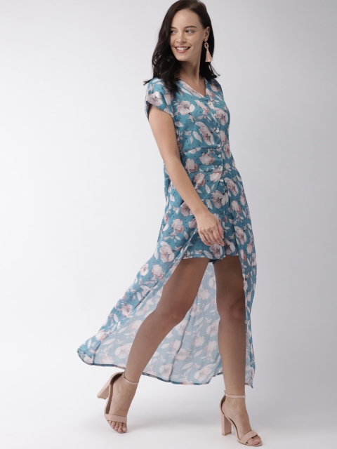 

Mast & Harbour Women Blue Printed Front-Slit Maxi Dress with an Attached Shorts