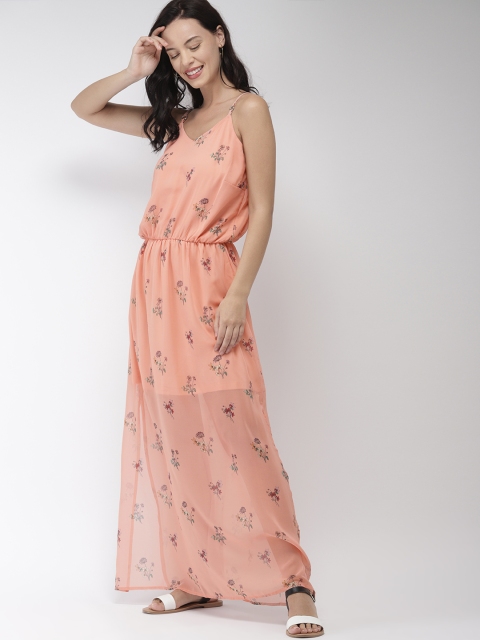 

Mast & Harbour Women Peach-Coloured & Green Printed Maxi Dress