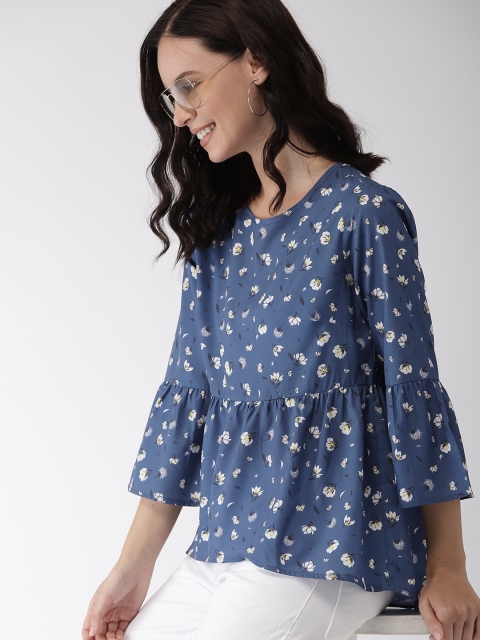 

Mast & Harbour Women Blue Floral Print A-Line High-Low Top