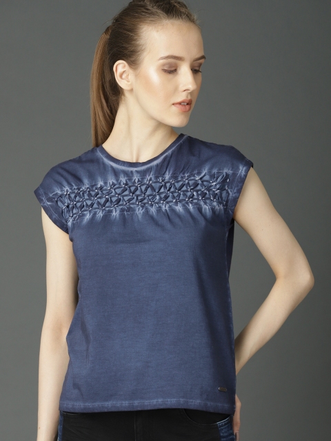 

Roadster Women Blue Washed Braided Yoke Pure Cotton Top