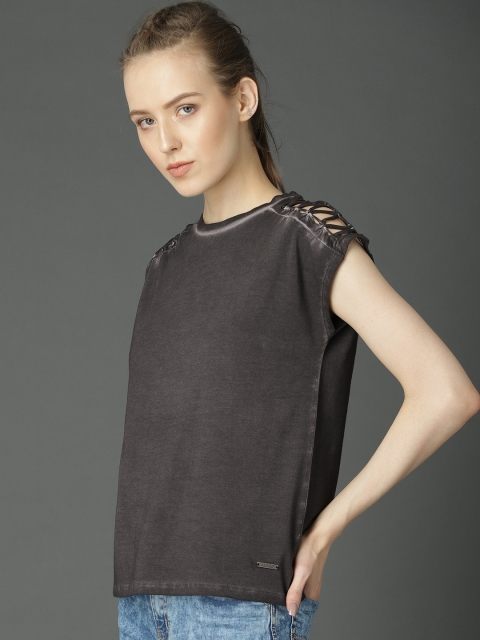 

Roadster Women Black Washed Braided Shoulder Pure Cotton Top