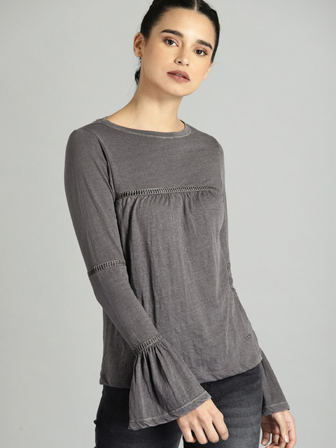 

Roadster Women Charcoal Grey Solid Cut Out Detail Top