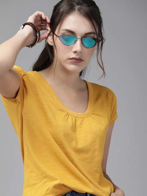 

Roadster Women Mustard Yellow Solid Regular Top with Tie-Up Detail
