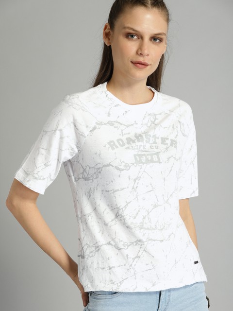 

Roadster Women White & Grey Printed Round Neck T-shirt