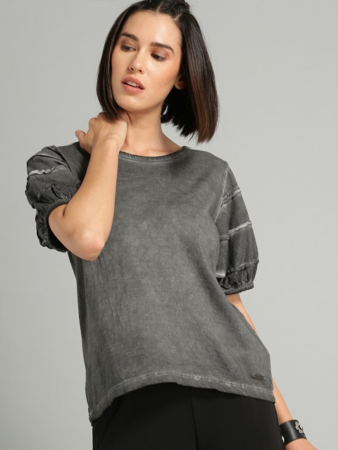 

Roadster Women Charcoal Grey Dyed Pure Cotton Top