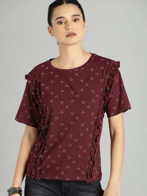 

Roadster Women Burgundy & White Printed Knitted Top