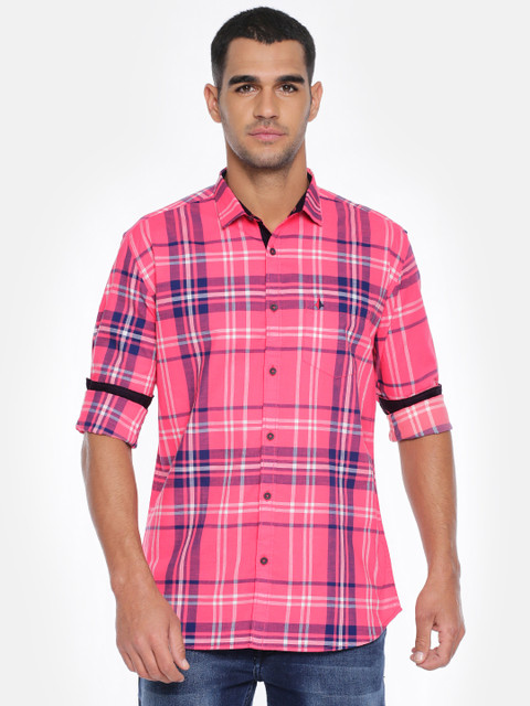 

British Club Men Pink & Navy Slim Fit Striped Casual Shirt