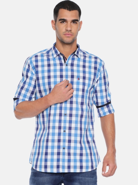 

British Club Men Blue & White Slim Fit Checked Casual Shirt