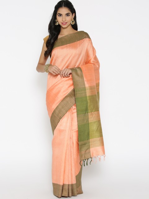 

lal10 Peach-Coloured & Olive Green Solid Handwoven Tussar Saree
