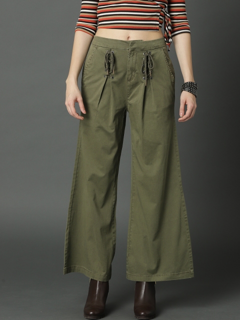 

Roadster Women Olive Green Flared Solid Bootcut Trousers