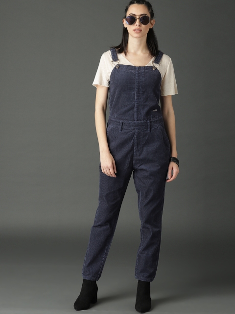 

Roadster Women Navy Blue Corduroy Solid Dungaree