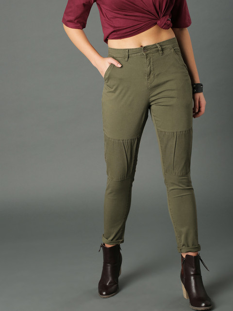 

Roadster Women Olive Green Regular Fit Solid Chinos