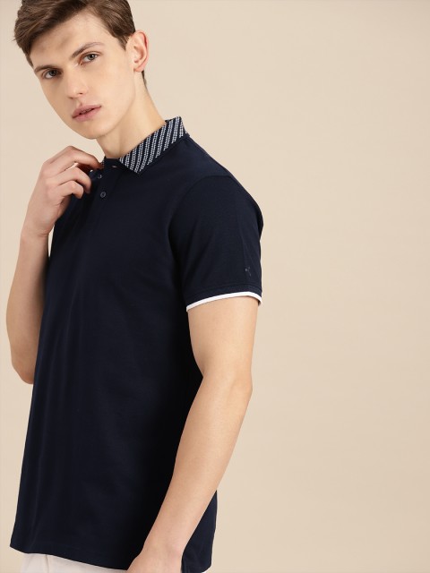 

ether Men Navy Blue Solid Polo Collar T-shirt