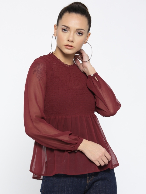 

ONLY Women Maroon Solid A-Line Semi-Sheer Top