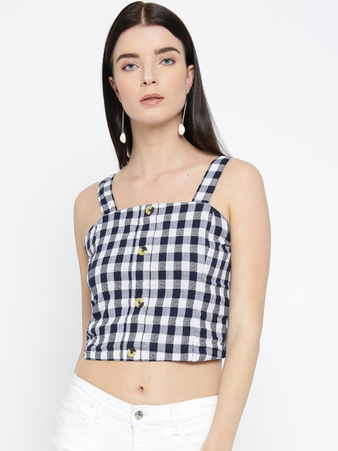 

ONLY Women White & Navy Blue Checked Crop Pure Cotton Top
