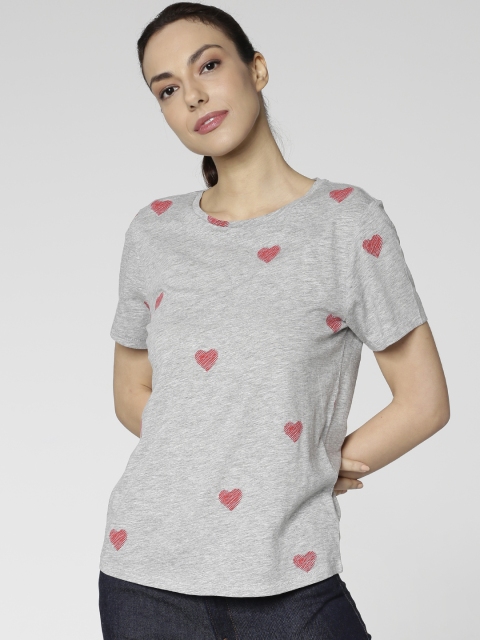 

ONLY Women Grey Melange Printed Round Neck T-shirt