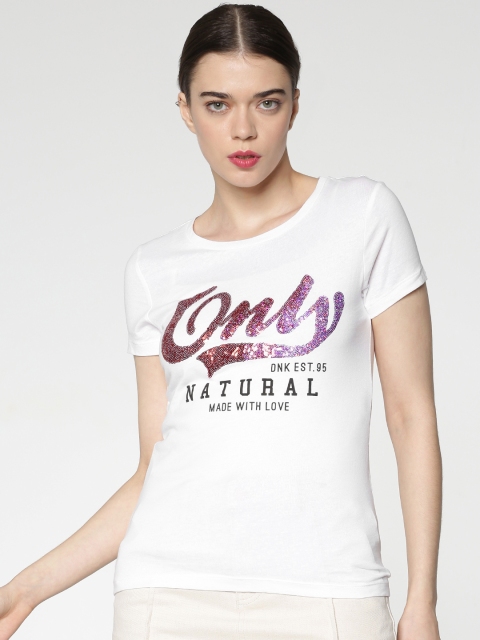 

ONLY Women White Printed Round Neck T-shirt