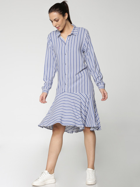 

ONLY Women Blue & White Striped Shirt Dress