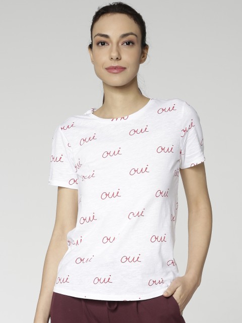 

ONLY Women White Printed Round Neck Pure Cotton T-shirt