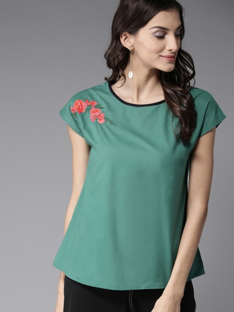 

HERE&NOW Women Green Solid Styled Back Top with Embroidered Detail