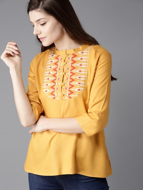 

HERE&NOW Women Mustard Yellow Solid A-Line Top