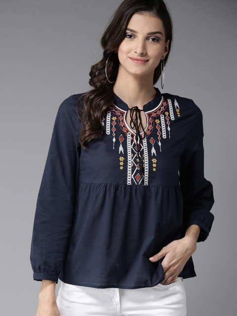 

HERE&NOW Women Navy Blue Solid A-Line Top
