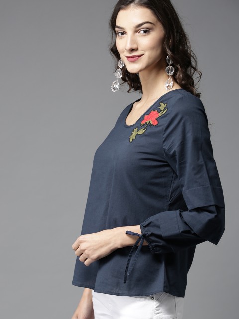 

HERE&NOW Women Navy Blue Solid Top