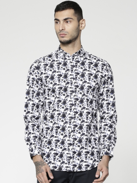 

Jack & Jones Men White & Navy Blue Slim Fit Printed Casual Shirt