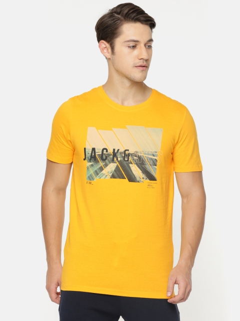 

Jack Jones Men Yellow Printed Round Neck Slim Fit Pure Cotton T-shirt