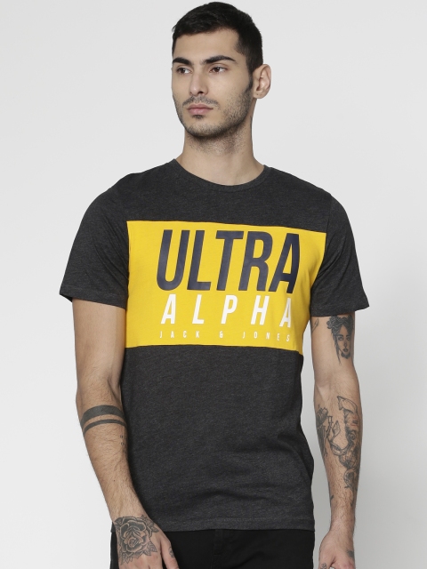 

Jack & Jones Men Charcoal Grey & Yellow Colourblocked Printed Round Neck T-shirt