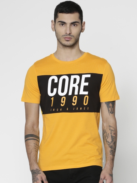 

Jack & Jones Men Yellow & Black Colourblocked Printed Round Neck T-shirt