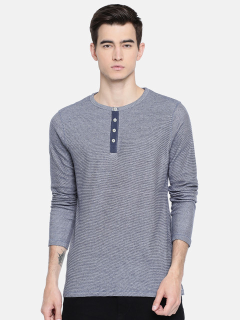 

Jack Jones Men Navy Blue Solid Henley Neck Pure Cotton T-shirt