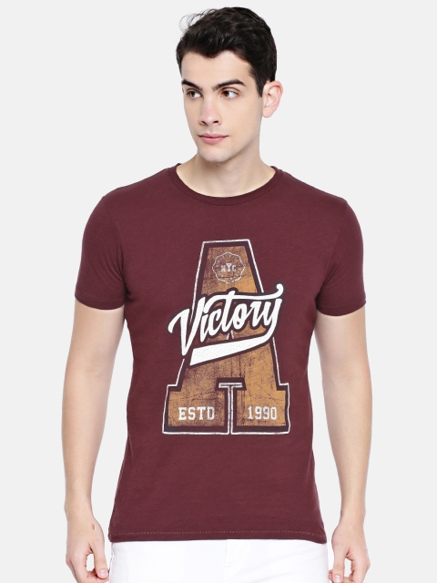 

Jack Jones Men Maroon Printed Round Neck Pure Cotton T-shirt