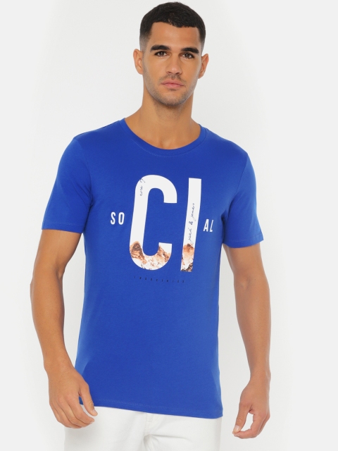

Jack Jones Men Blue Printed Round Neck Slim Fit Pure Cotton T-shirt
