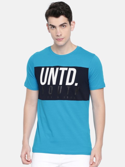 

Jack Jones Men Blue Colourblocked Round Neck Pure Cotton T-shirt