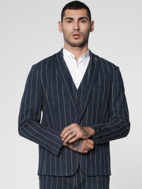 

Jack & Jones Men Navy Blue & White Striped Single-Breasted Smart Casual Blazer