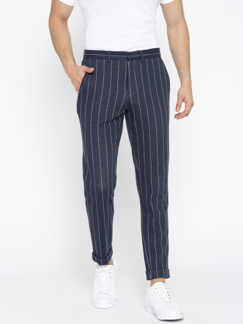 

Jack & Jones Men Navy Blue & White Slim Fit Striped Regular Trousers