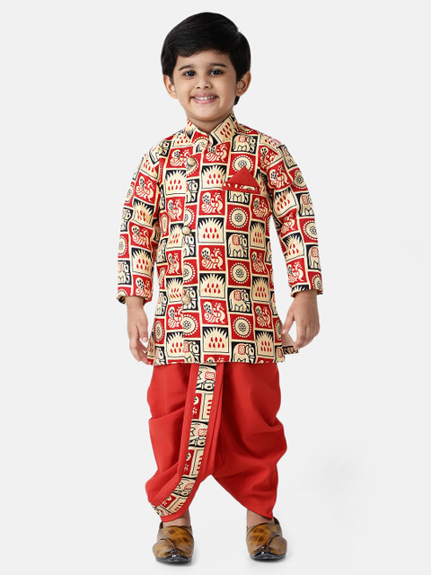 

BownBee Boys Red & Beige Printed Kurta with Dhoti Pants