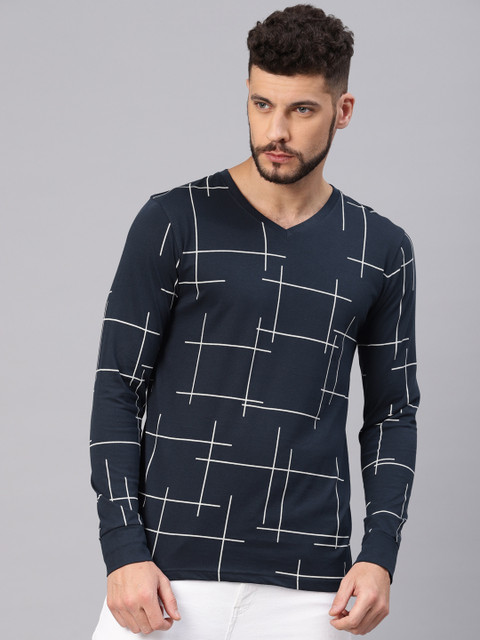 

Maniac Men Navy Blue Printed Slim Fit V-Neck T-shirt