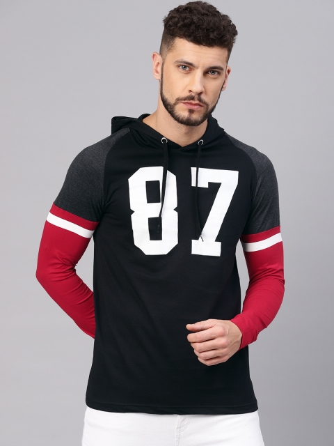

Maniac Men Black Red Printed Slim Fit Hooded Pure Cotton T-shirt
