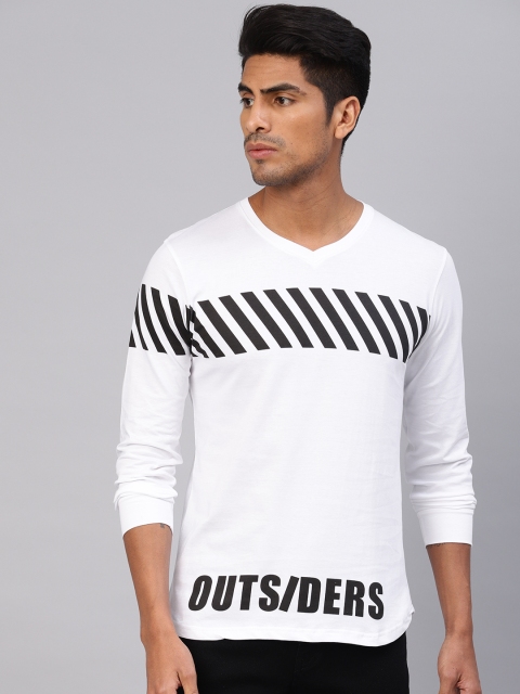 

Maniac Men White Printed Slim Fit V-Neck Pure Cotton T-shirt