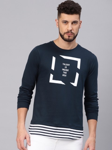 

Maniac Men Navy Blue & White Printed Slim Fit Round Neck T-shirt