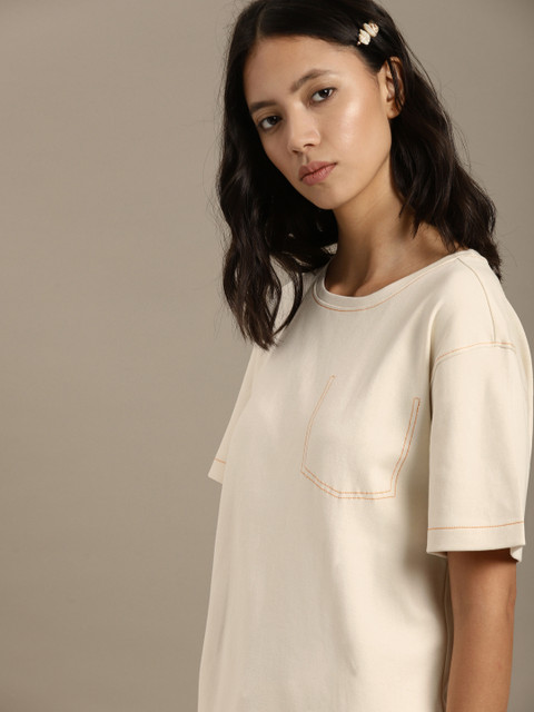 

ether Kora Collection Women Off-White Solid Sustainable Unbleached Fabric T-shirt